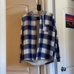 Flannel fuzzy shacket with hood